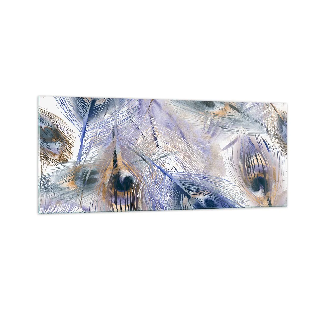 Glastavla - Bild på glas - Komposition med påfågelsfjädrar - 100x40 cm