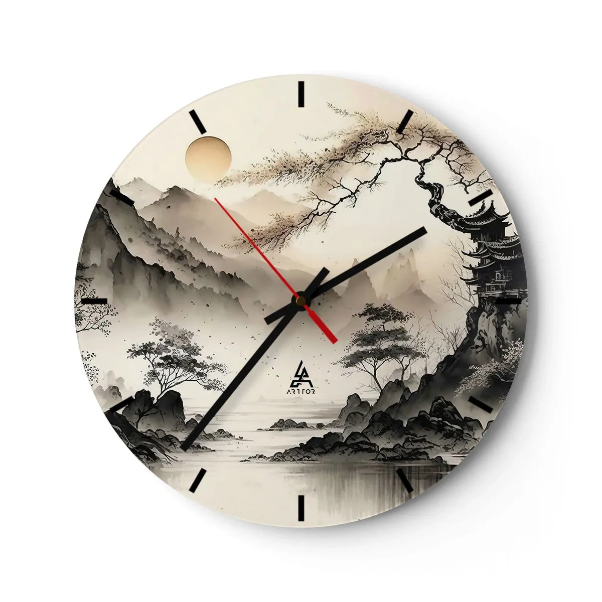 Väggklocka - Klocka på glas - Kinesisk bläckmålning av ett bergslandskap med en pagod och en dimmig dal - 30x30cm - Orientens unika charm - Modern väggdekoration för vardagsrum, kök och sovrum ARTTOR