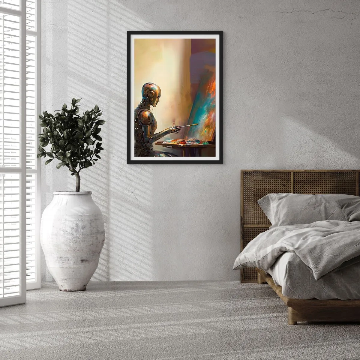 Affisch i svart ram - Robotmålare vid ett staffli i futuristisk stil - 50x70cm - Framtidens konst - Modern väggdekoration för vardagsrum och sovrum ARTTOR