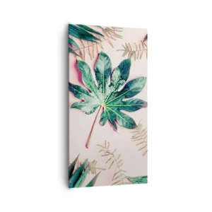 Canvastavla - Bild på duk - Grönskans studie mot rosa bakgrund - 65x120 cm