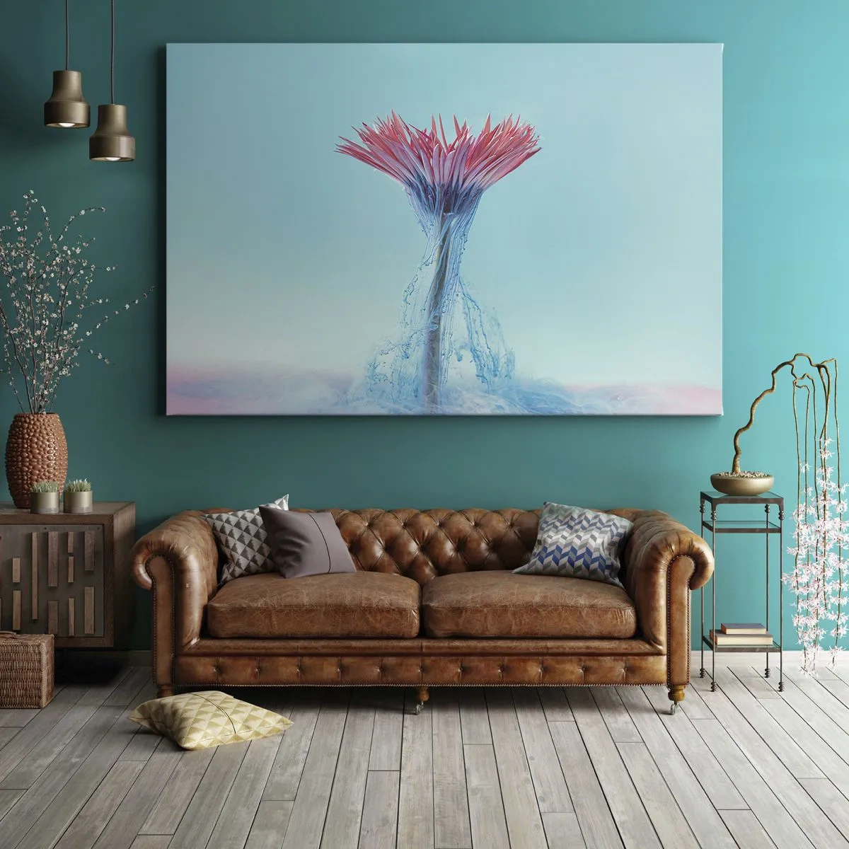 Canvastavla - Bild på duk - En rosa och blå blomma i ett konstnärligt arrangemang mot en pastellfärgad bakgrund - 70x50cm - I upplivande famn - Modern väggdekoration för vardagsrum och sovrum ARTTOR