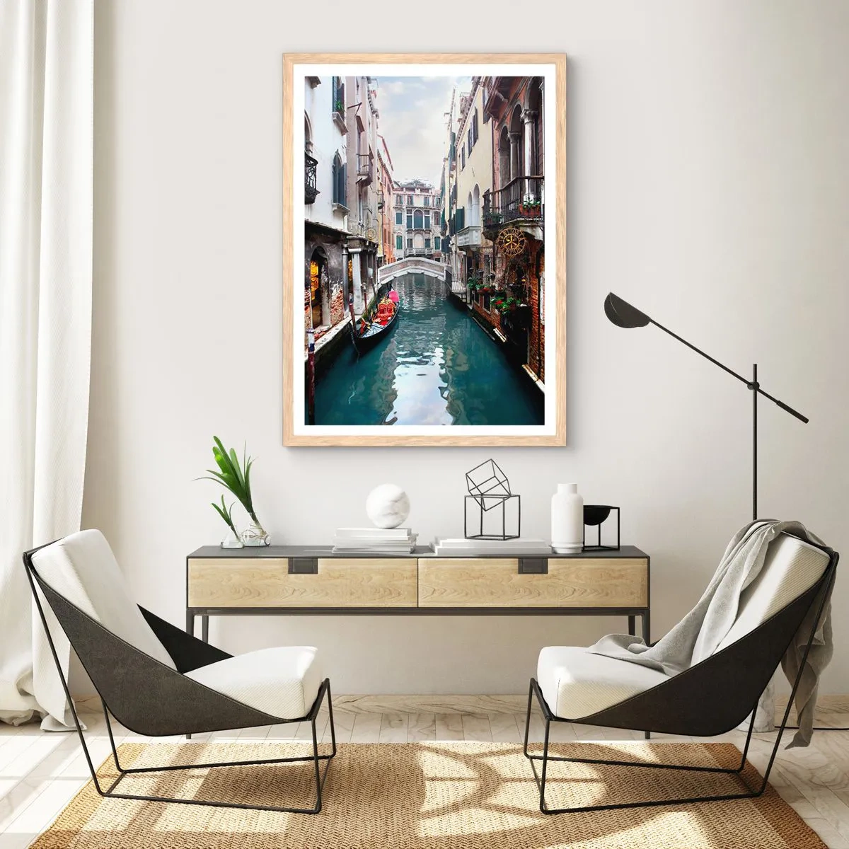 Affisch i ram av ljusek - Venedig-landskap med gondol och bro - 40x50 cm