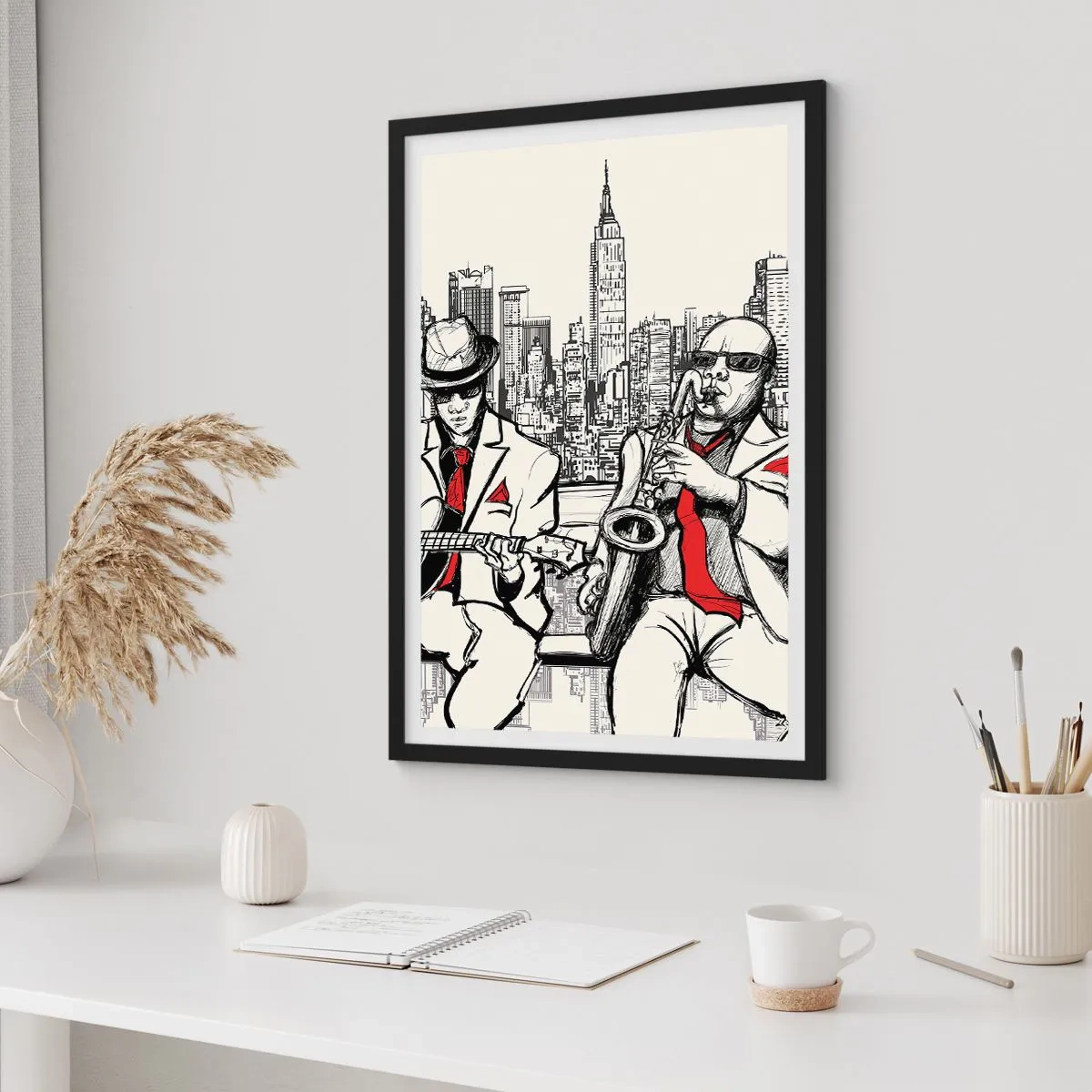 Affisch i svart ram - Två jazzmusiker mot bakgrund av stadens silhuett - 50x70cm - New Yorks improvisation - Modern väggdekoration för vardagsrum och sovrum ARTTOR