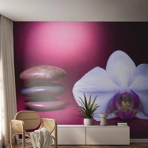 Fototapet på mått Självhäftande Deluxe Sticker - En fräschhetsstudie i violett - Blommor, Spa, Stenar