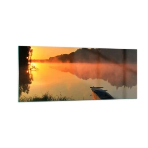 Glastavla - Bild på glas - Soluppgång vid spegelklart vatten - 100x40 cm