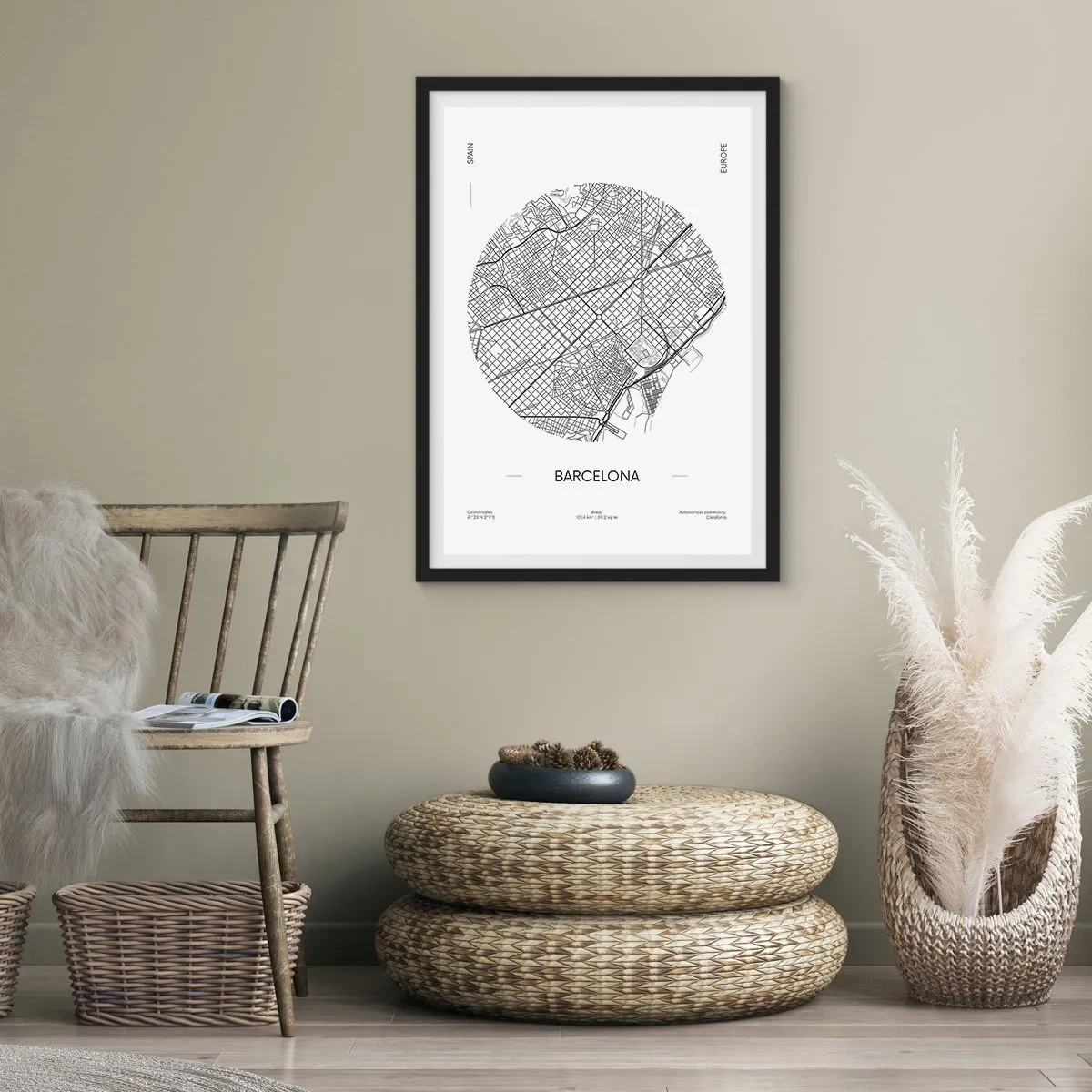 Affisch i svart ram - En minimalistisk karta över Barcelona i svartvitt. - 50x70cm - Barcelonas anatomi - Modern väggdekoration för vardagsrum och sovrum ARTTOR