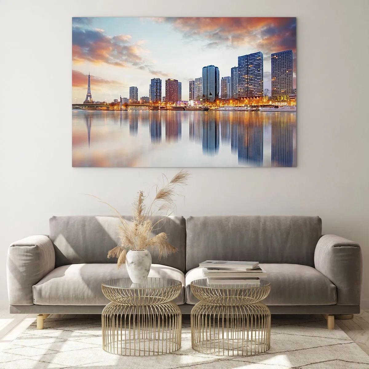 Glastavla - Bild på glas - Panorama över Paris med Eiffeltornet och moderna byggnader i skymningen - 70x50cm - Paris monumentala lugn - Modern väggdekoration för vardagsrum och sovrum ARTTOR