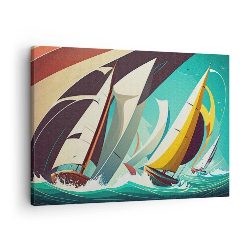 Canvastavla - Bild på duk - En dynamisk illustration av segelbåtar i ett stormigt hav. - 70x50cm - Icke rädda för elementen - Modern väggdekoration för vardagsrum och sovrum ARTTOR