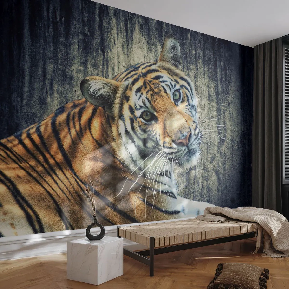 Fototapet Premium Canvas - Porträtt i ljusstrålar - Djur, Tiger, Afrika - 100x70 cm