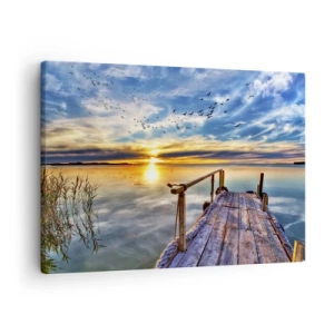 Canvastavla - Bild på duk - Träbrygga över sjön vid solnedgången - 70x50cm - Vinden lägger sig - Modern väggdekoration för vardagsrum och sovrum ARTTOR