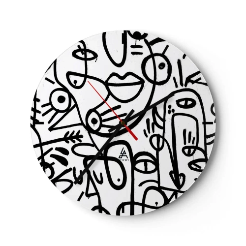 Väggklocka - Klocka på glas - Abstrakta linjekonst ansikten på vit bakgrund - 30x30cm - Ansikten och hägringar - Modern väggdekoration för vardagsrum, kök och sovrum ARTTOR