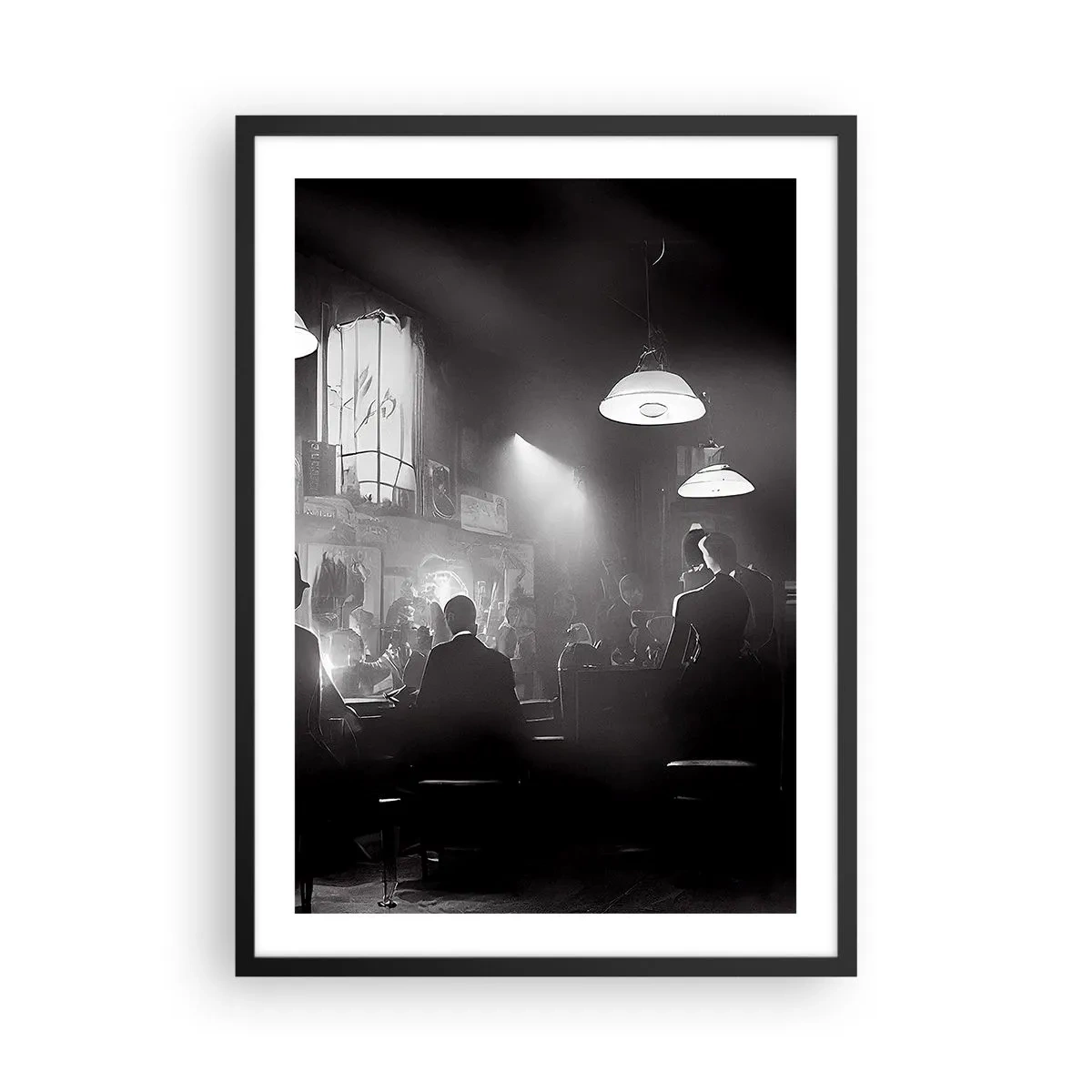 Affisch i svart ram - En svartvit scen från en stämningsfull jazznattklubb - 50x70cm - I en jazzig stämning - Modern väggdekoration för vardagsrum och sovrum ARTTOR