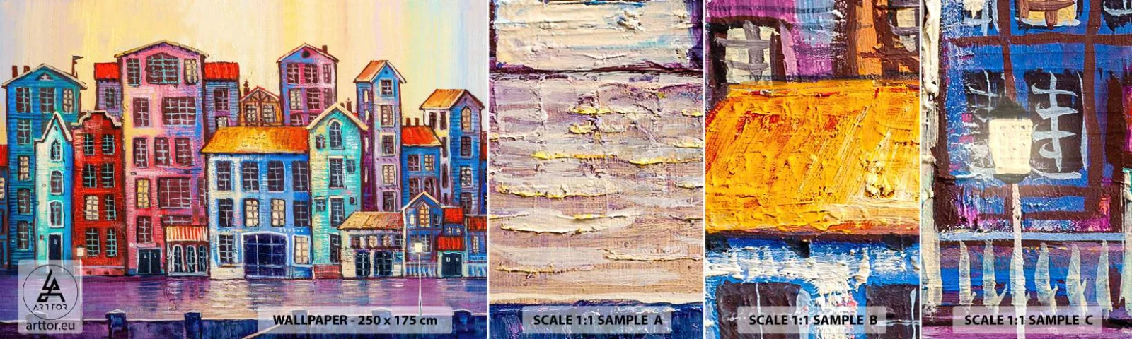 Provbit av självhäftande fototapet Deluxe Sticker - En sagostad - Bit, Hyreshus, Stad - 100x30 cm