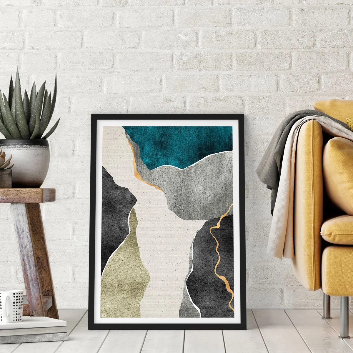 Affisch i svart ram - Abstrakt komposition med geometriska former - 50x70cm - Mosaikkomposition med en guldtråd - Modern väggdekoration för vardagsrum och sovrum ARTTOR