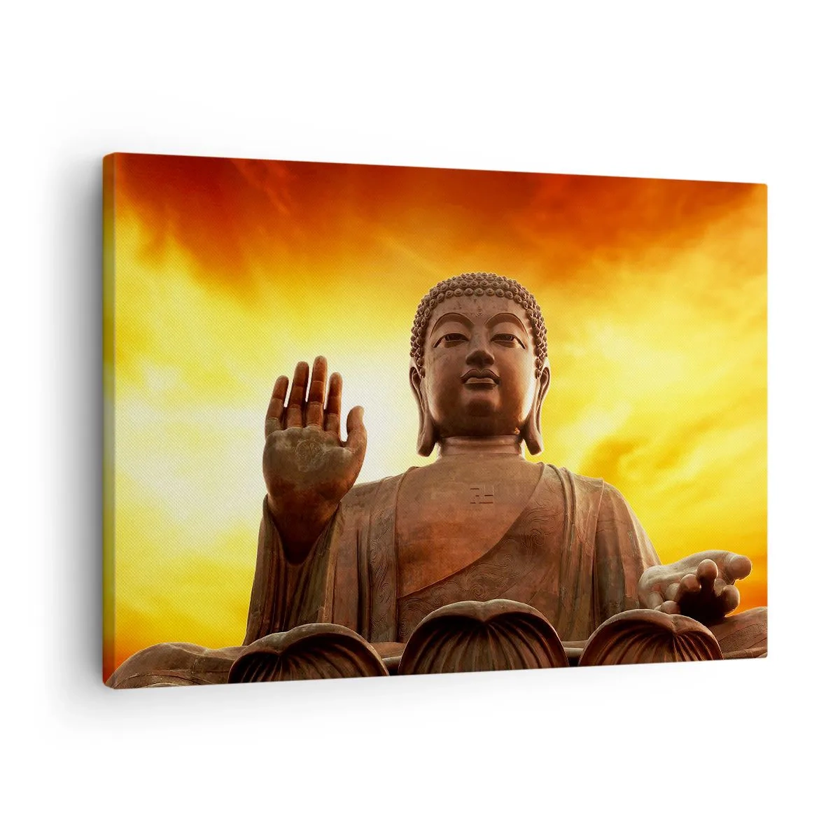 Canvastavla - Bild på duk - En Buddhastaty mot en gyllene solnedgångshimmel - 70x50cm - Ljuslugnet - Modern väggdekoration för vardagsrum och sovrum ARTTOR