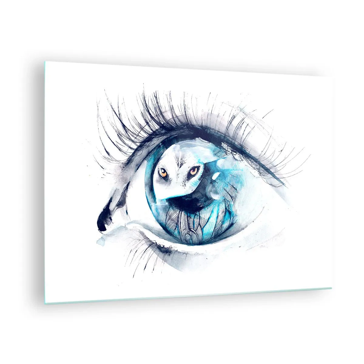 Glastavla - Bild på glas - Ett kvinnas öga med ett ugglemotiv i akvarellstil - 70x50cm - Öga mot öga med det vilda - Modern väggdekoration för vardagsrum och sovrum ARTTOR