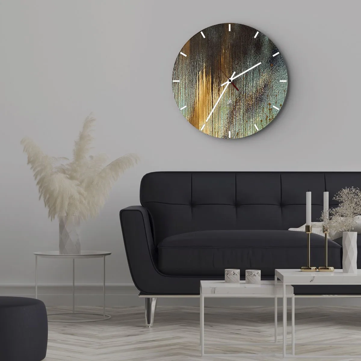 Väggklocka - Klocka på glas - Abstrakta färgstrimmor i guld, blått och svart - 30x30cm - En oavsiktlig färgglad komposition - Modern väggdekoration för vardagsrum, kök och sovrum ARTTOR