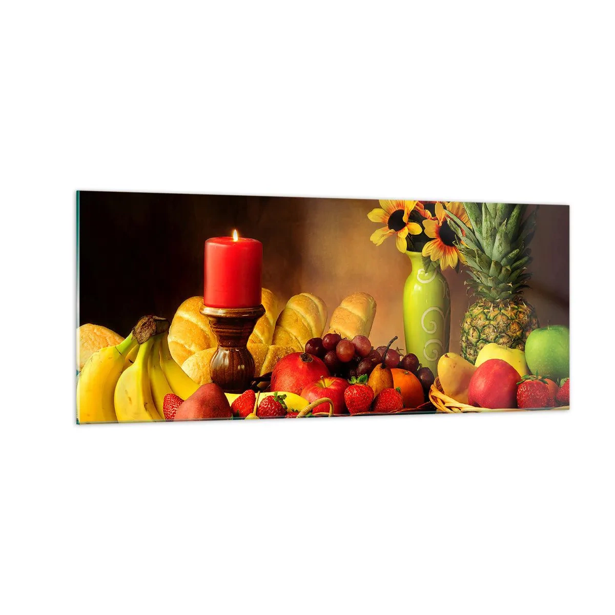 Glastavla - Bild på glas - Stilleben med bröd och frukt - 100x40 cm
