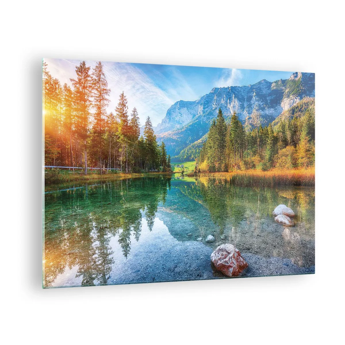 Glastavla - Bild på glas - En fjällsjö omgiven av skog och majestätiska toppar - 70x50cm - Höstens mildhet - Modern väggdekoration för vardagsrum och sovrum ARTTOR