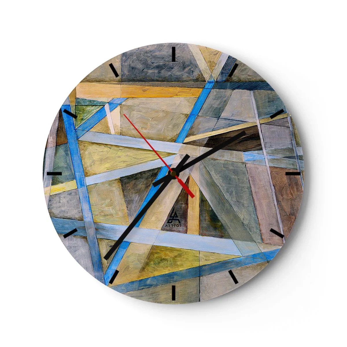 Väggklocka - Klocka på glas - Geometrisk abstraktion med gula och blå accenter mot en neutral bakgrund. - 30x30cm - Rakt fram eller diagonalt? - Modern väggdekoration för vardagsrum, kök och sovrum ARTTOR