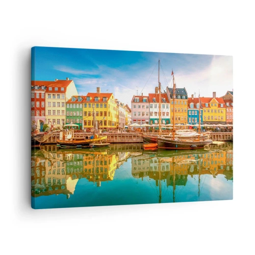 Canvastavla - Bild på duk - Färgglada kanalhus i Köpenhamn - 70x50cm - Vid spegelklart vatten - Modern väggdekoration för vardagsrum och sovrum ARTTOR