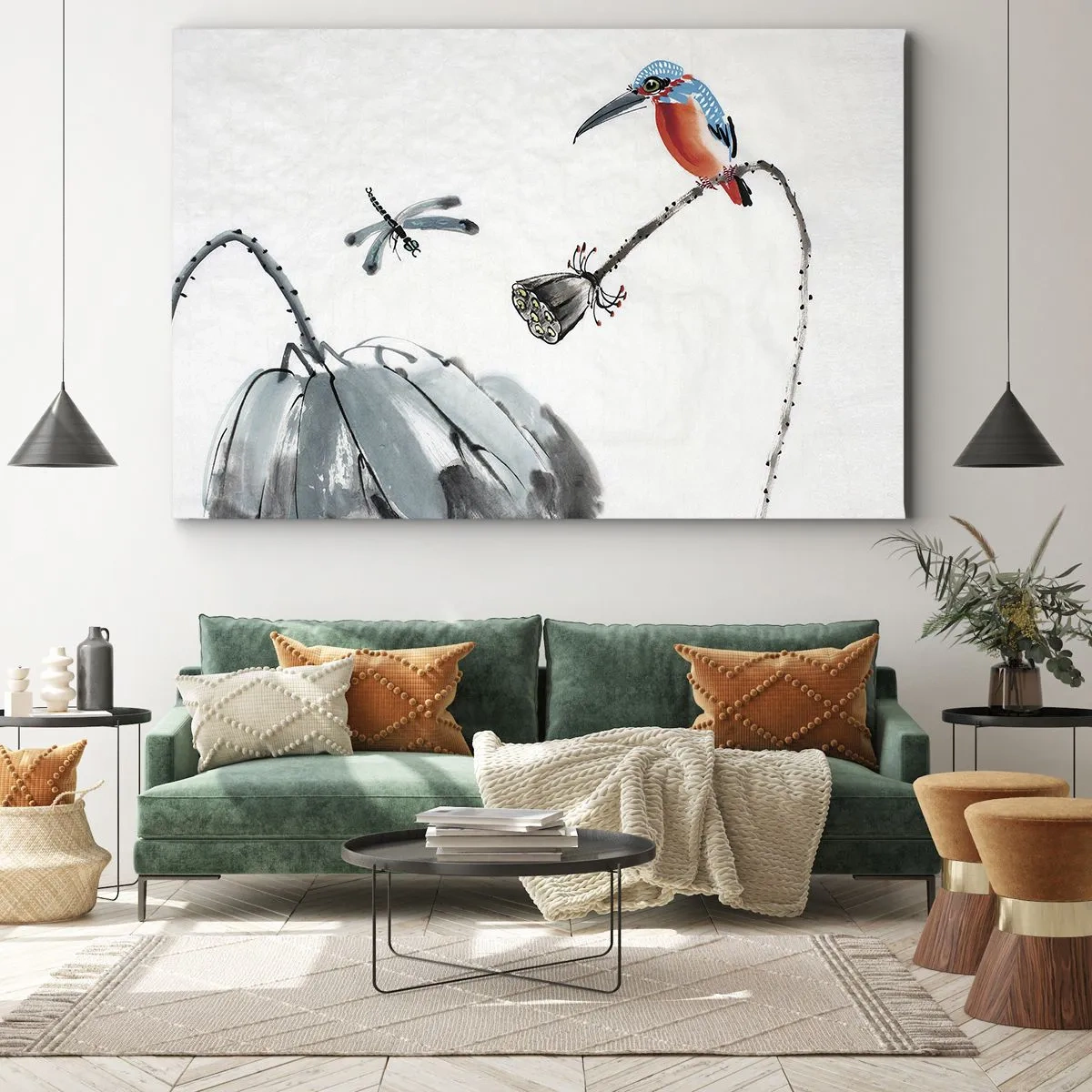Canvastavla - Bild på duk - En färgglad fågel mot en bakgrund av vegetation och en trollslända - 70x50cm - Ängens liv - Modern väggdekoration för vardagsrum och sovrum ARTTOR
