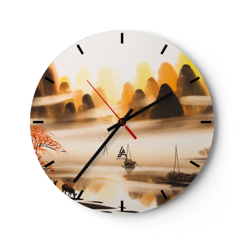 Väggklocka - Klocka på glas - Landskap med berg och båtar i dimman i orientalisk stil - 30x30cm - Längre bort än Fjärran Östern - Modern väggdekoration för vardagsrum, kök och sovrum ARTTOR