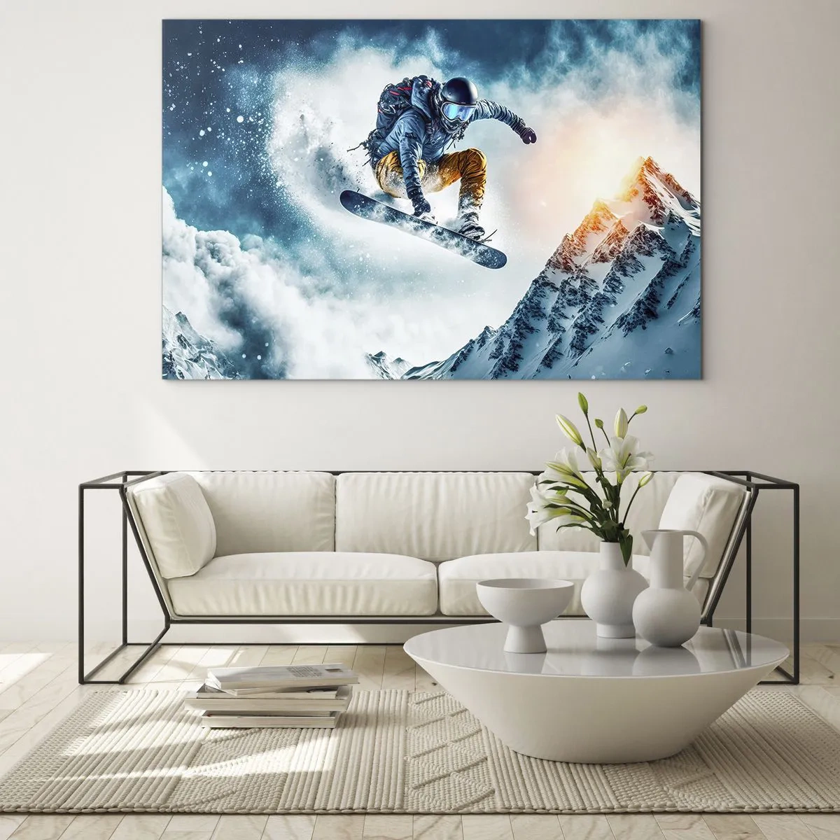 Glastavla - Bild på glas - En snowboardåkare flyger över snötäckta berg - 70x50cm - Extrema känslor - Modern väggdekoration för vardagsrum och sovrum ARTTOR