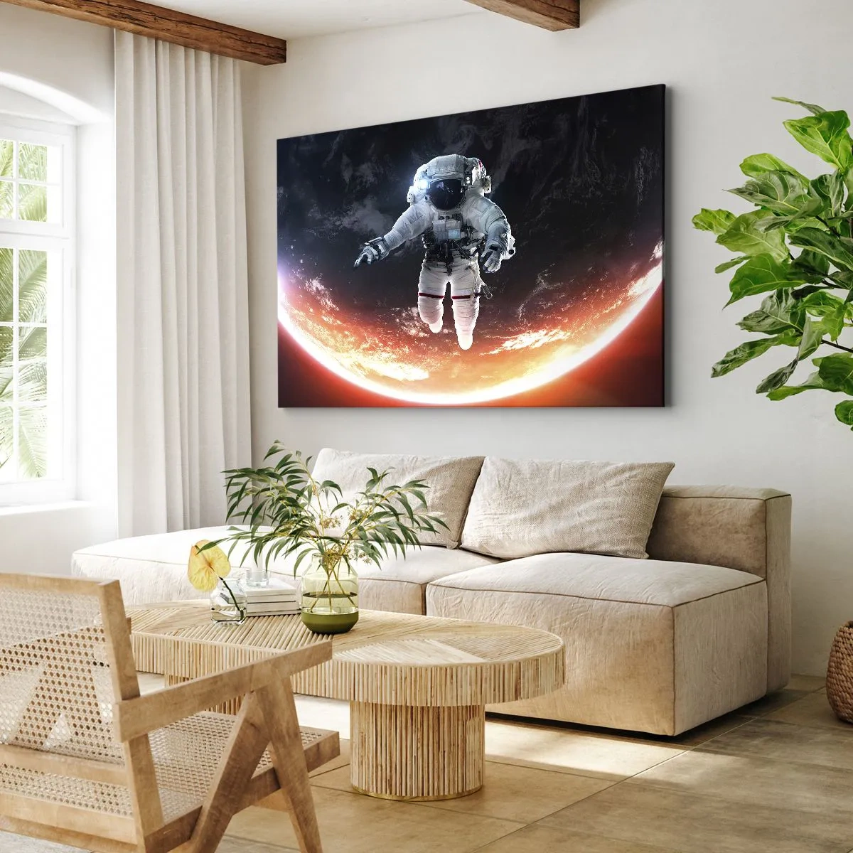 Canvastavla - Bild på duk - En astronaut som svävar ovanför en solbelyst jord - 70x50cm - Får jag stanna en stund till? - Modern väggdekoration för vardagsrum och sovrum ARTTOR
