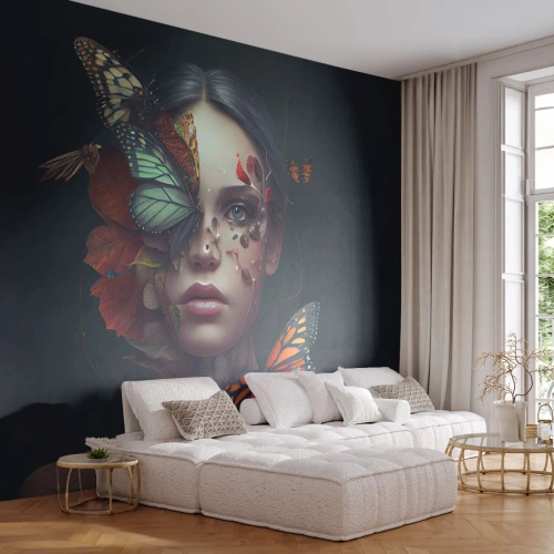 Fototapet Premium Canvas - En underbar metamorfos - Fjärilar, Ansikte, Kvinna - 350x256 cm