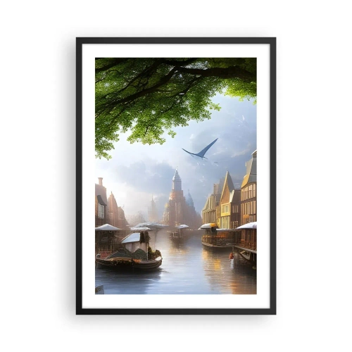 Affisch i svart ram - Pittoresk utsikt över kanalen med historisk arkitektur - 50x70cm - Holländsk stadsbild - Modern väggdekoration för vardagsrum och sovrum ARTTOR