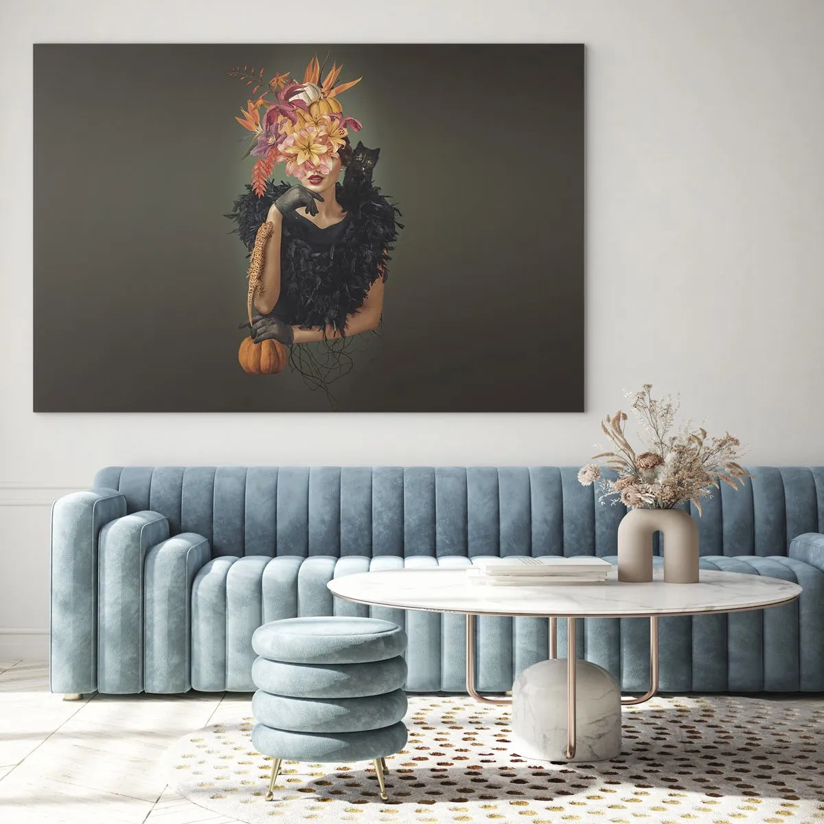 Glastavla - Bild på glas - Figur av en kvinna i svart med en pumpa, en katt och ett blomsterarrangemang - 70x50cm - Häxans troll - Modern väggdekoration för vardagsrum och sovrum ARTTOR