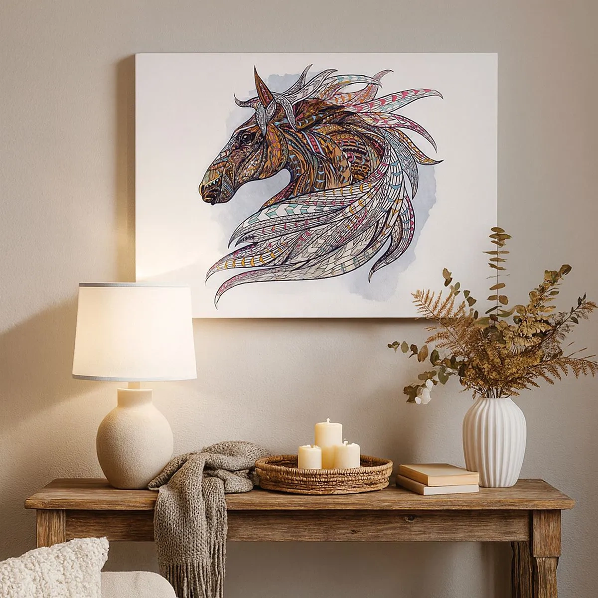 Canvastavla - Bild på duk - En geometrisk häst med en färgglad, detaljerad man - 70x50cm - Keltiska kämpens häst - Modern väggdekoration för vardagsrum och sovrum ARTTOR