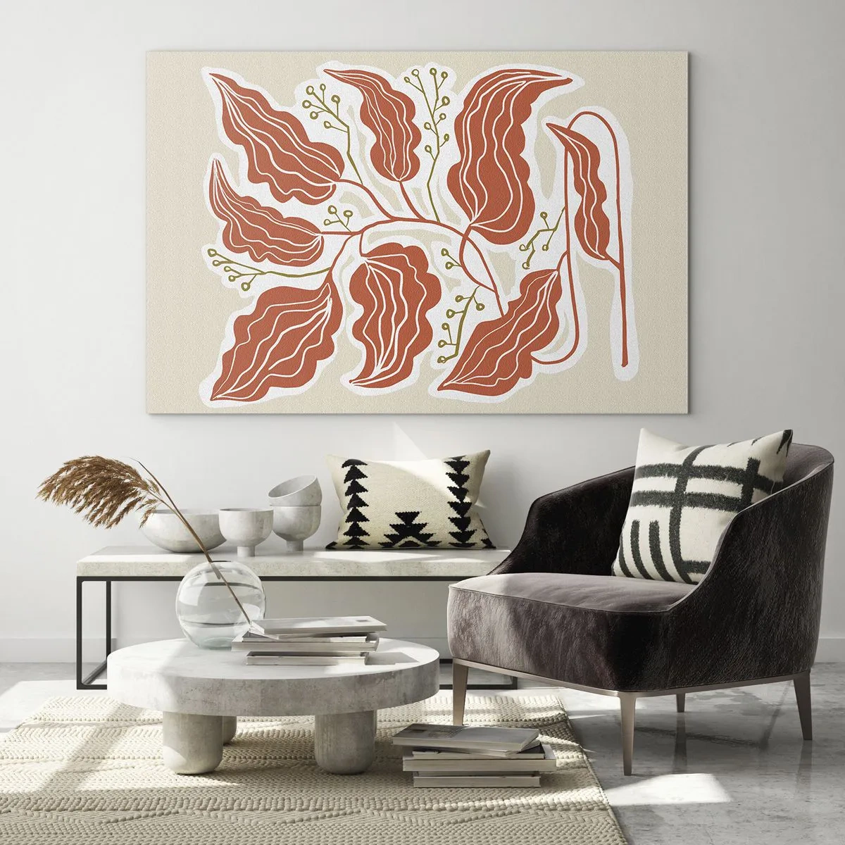 Glastavla - Bild på glas - Korallblad med folkmönster på en ljus bakgrund - 70x50cm - Folkligt och naturligt - Modern väggdekoration för vardagsrum och sovrum ARTTOR