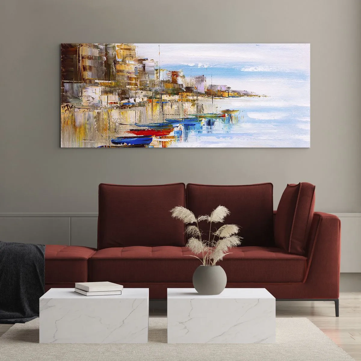 Glastavla - Bild på glas - Flerfärgad urban hamn - 100x40 cm