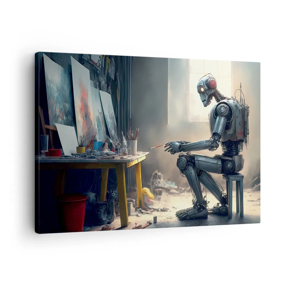Canvastavla - Bild på duk - En robot som målar en bild i en konststudio - 70x50cm - Den skapande handlingen - Modern väggdekoration för vardagsrum och sovrum ARTTOR