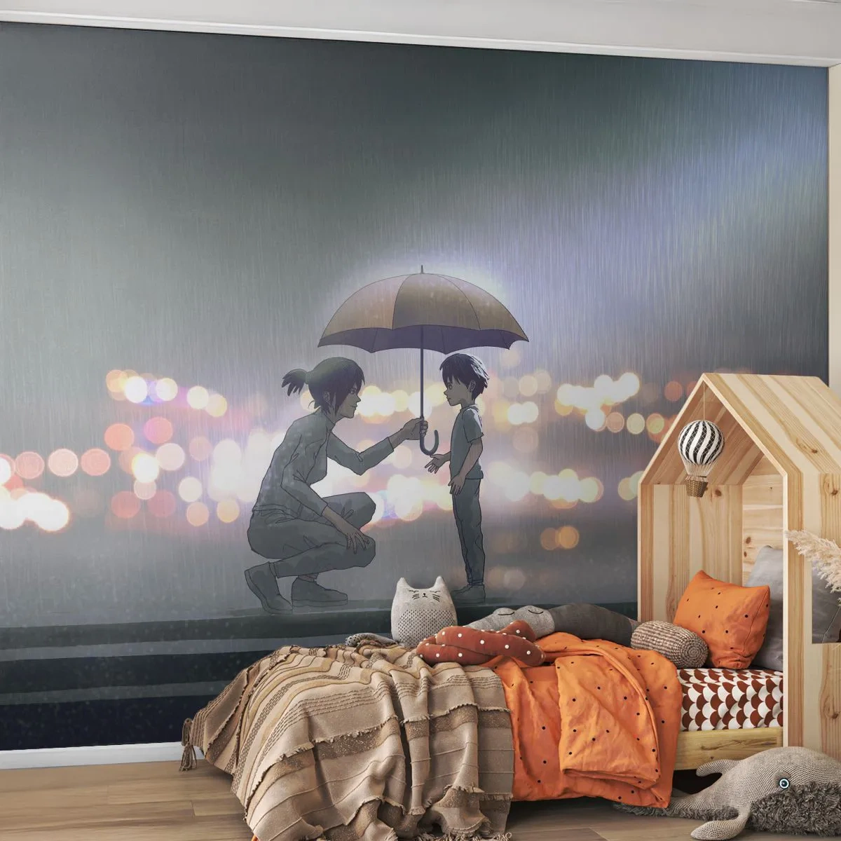 Fototapet Premium Sand - Och allt är väl nu - För barn, Familj, Paraply - 350x256 cm