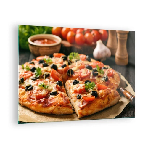 Glastavla - Bild på glas - Aptitretande pizza med tomater, oliver och örter - 70x50cm - Färdigt bakat - Modern väggdekoration för vardagsrum och sovrum ARTTOR