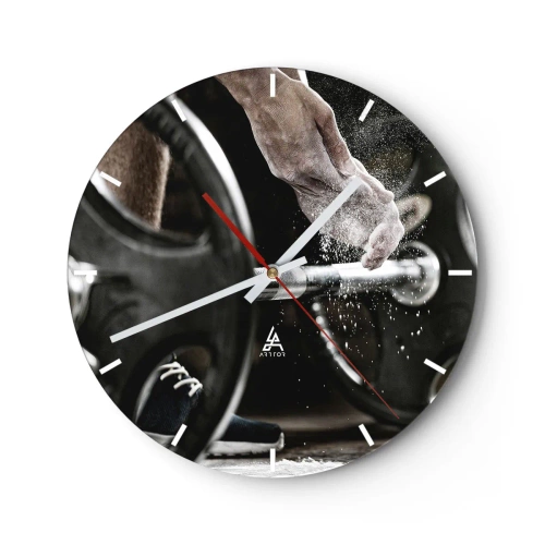 Väggklocka - Klocka på glas - Hantel och hand under träning - 30x30cm - Utmaningen accepterad! - Modern väggdekoration för vardagsrum, kök och sovrum ARTTOR