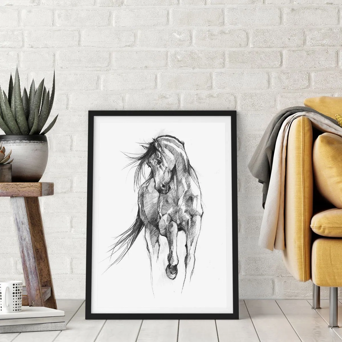 Affisch i svart ram - Skiss av en häst i dynamisk pose - 50x70cm - Elegant trav - Modern väggdekoration för vardagsrum och sovrum ARTTOR