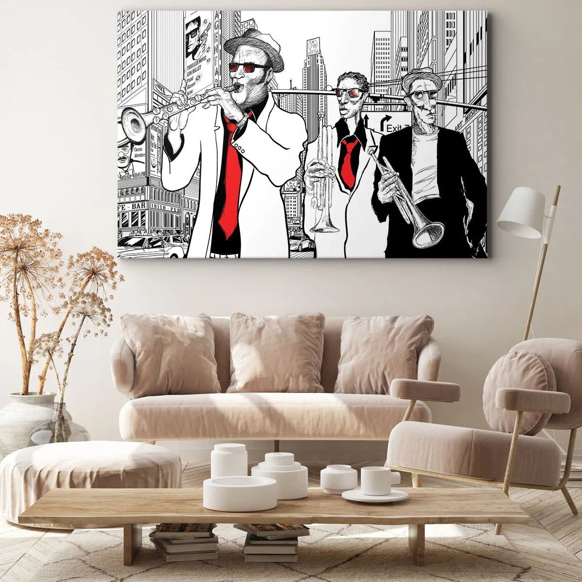 Canvastavla - Bild på duk - Illustration av jazzmusiker mot en urban bakgrund - 70x50cm - Stadsrapsodi i svart och rött - Modern väggdekoration för vardagsrum och sovrum ARTTOR