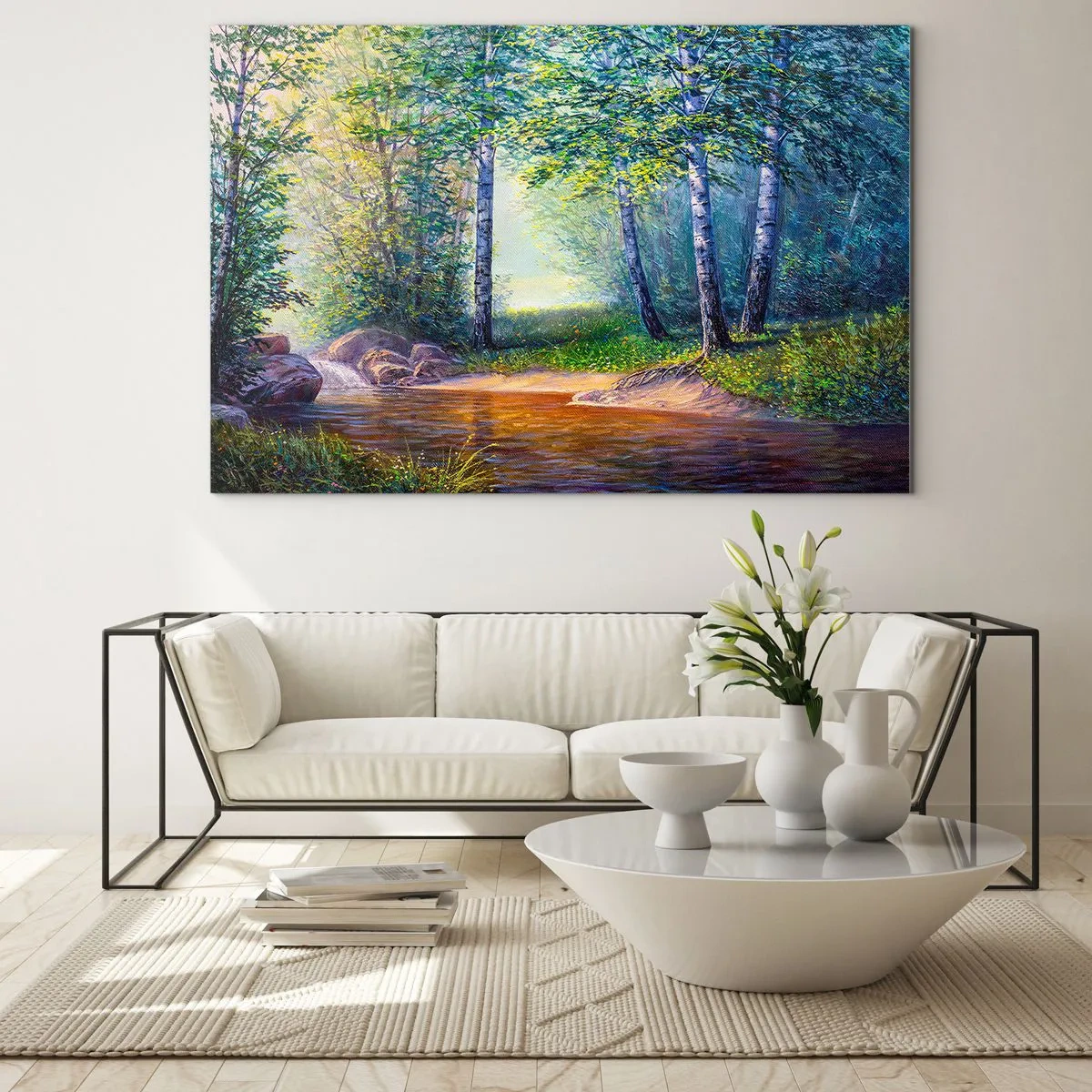 Glastavla - Bild på glas - En skogsbäck omgiven av träd i solens strålar - 70x50cm - Idyllisk vy - Modern väggdekoration för vardagsrum och sovrum ARTTOR