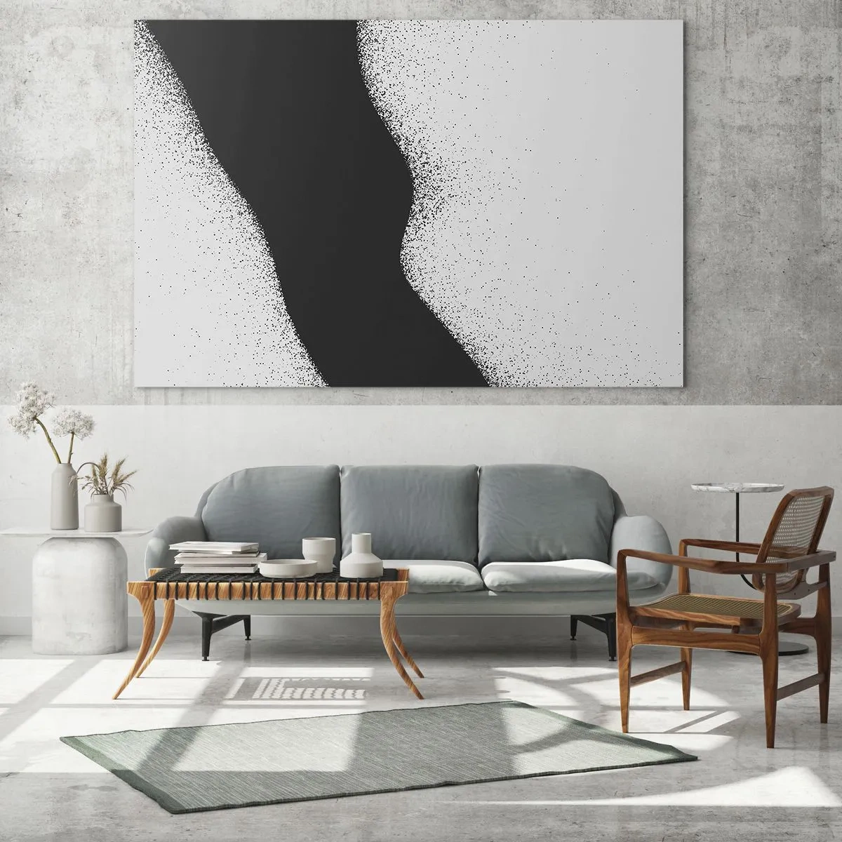 Glastavla - Bild på glas - Minimalistisk svartvit abstraktion med punktgradient - 70x50cm - Flytande balans - Modern väggdekoration för vardagsrum och sovrum ARTTOR