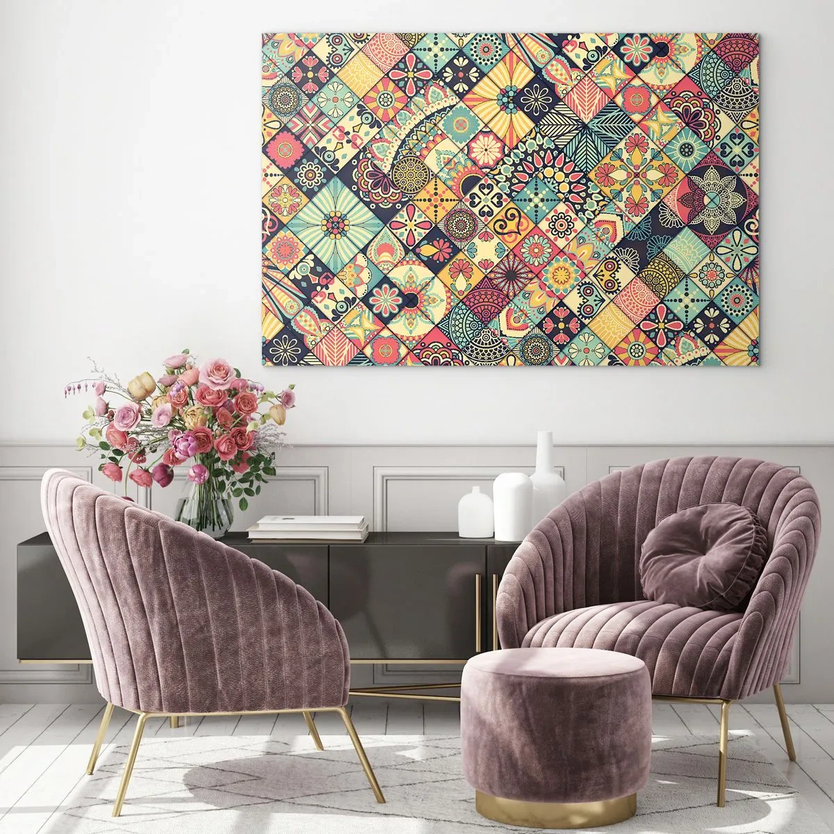 Glastavla - Bild på glas - Ett färgglatt mönster inspirerat av marockanska kakelplattor med geometriska motiv - 70x50cm - Marockansk stämning - Modern väggdekoration för vardagsrum och sovrum ARTTOR