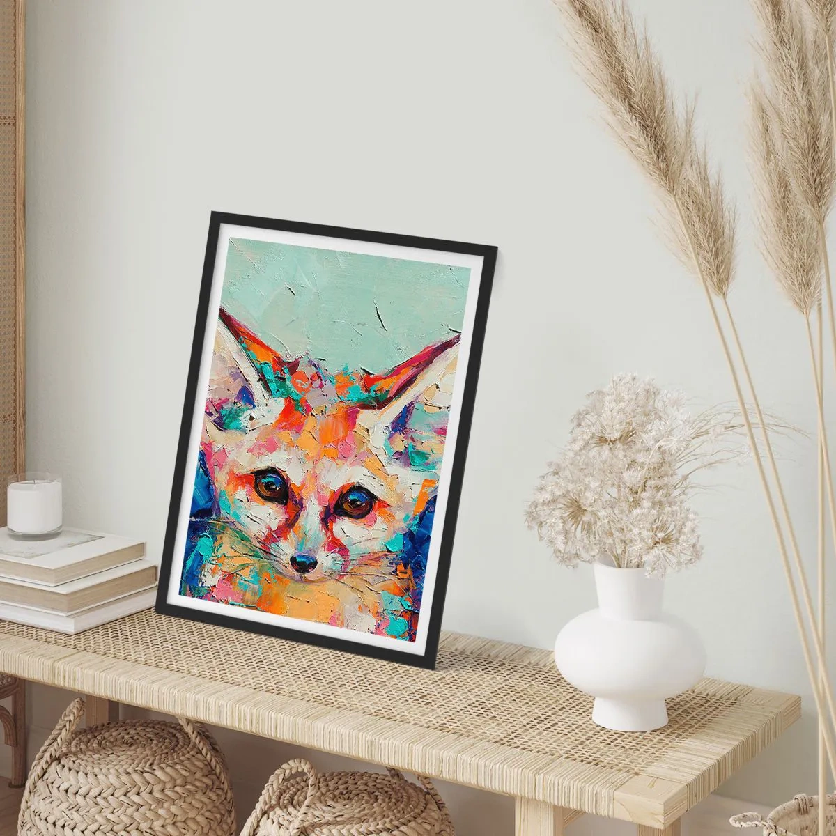 Affisch i svart ram - Ett färgstarkt abstrakt porträtt av en räv med en uttrycksfull blick. - 50x70cm - Är ni redo för mig? - Modern väggdekoration för vardagsrum och sovrum ARTTOR
