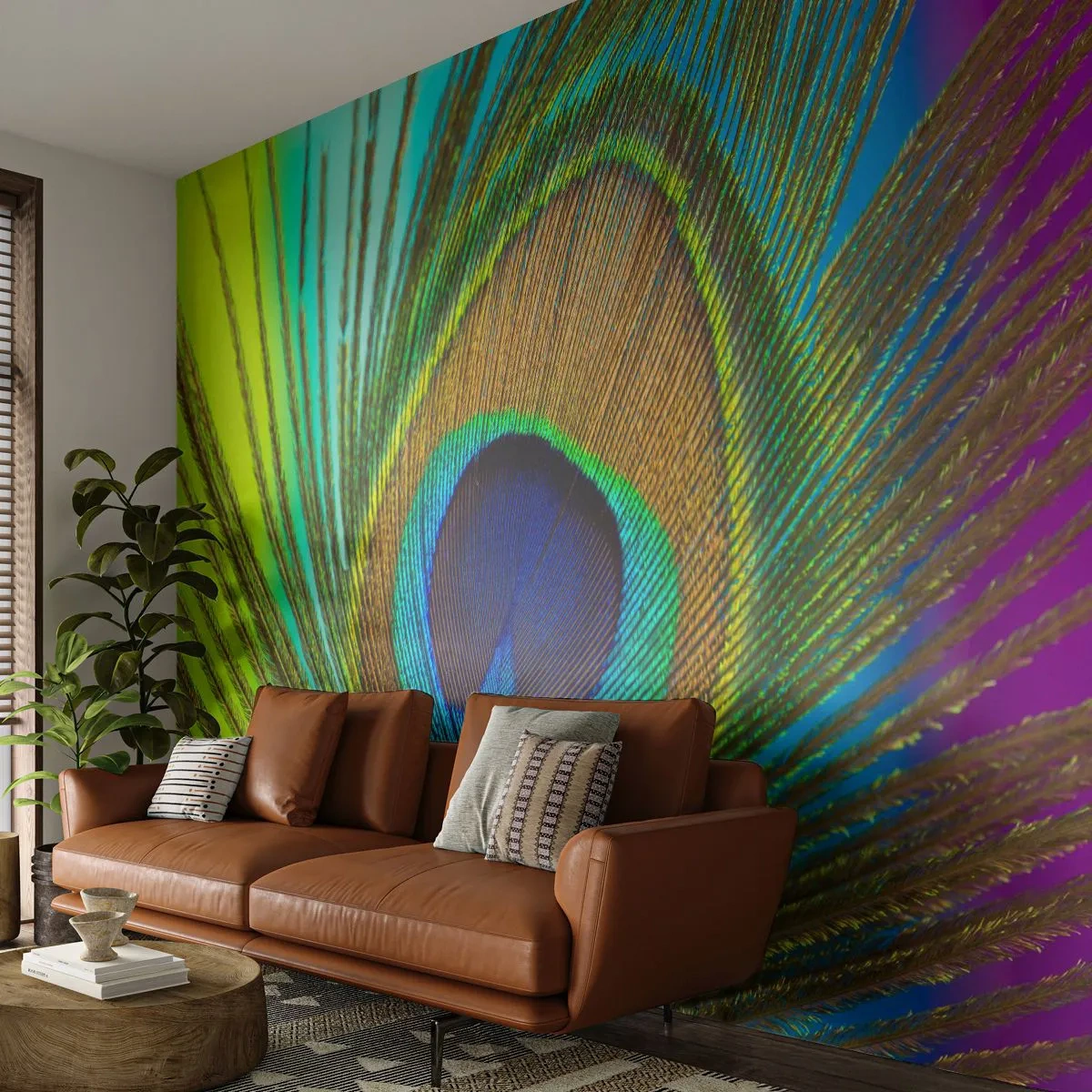 Självhäftande Fototapet Deluxe Sticker - Öga mot öga - Abstraktion, Påfågel fjäder, Bit - 150x105 cm