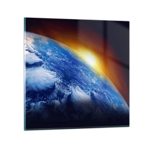 Glastavla - Bild på glas - Soluppgång över den blåa planeten - 70x70 cm