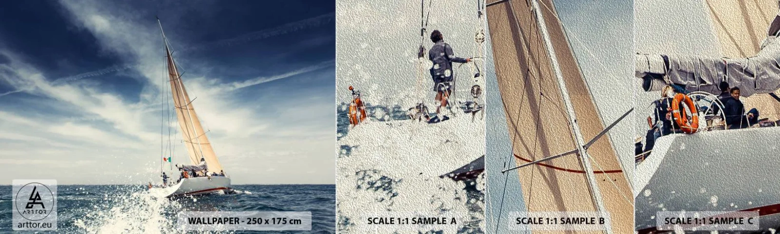 Provbit av fototapet Premium Sand - De hinner inte ikapp oss! - Segelbåt, Hav, Segelbåt - 100x30 cm