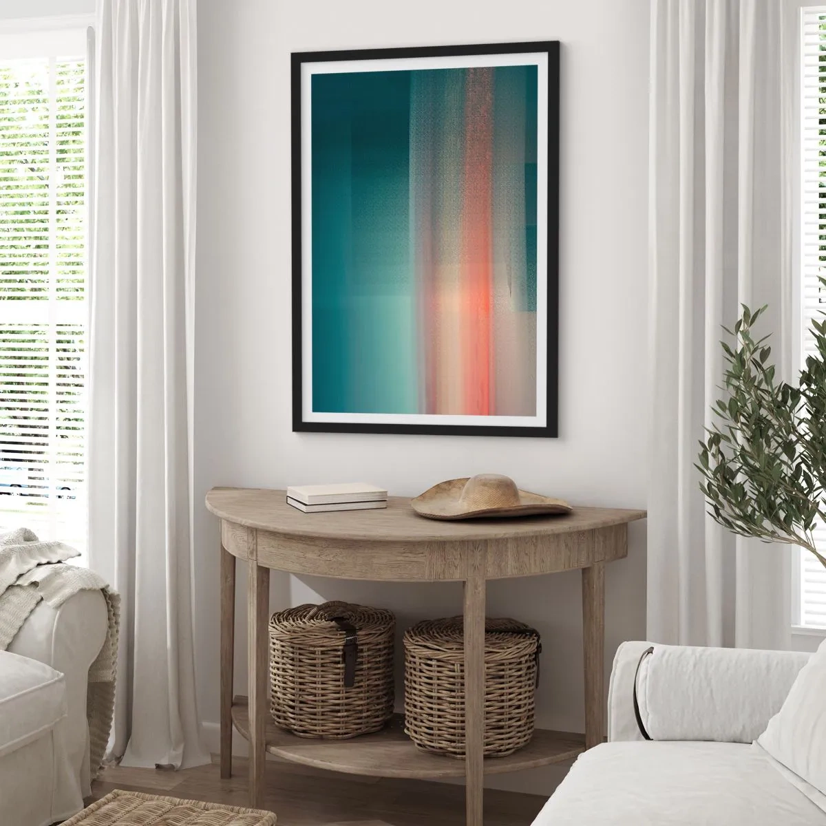 Affisch i svart ram - Ett abstrakt ljusspel i nyanser av turkos och rött. - 50x70cm - Abstraktion: ljusvågor - Modern väggdekoration för vardagsrum och sovrum ARTTOR