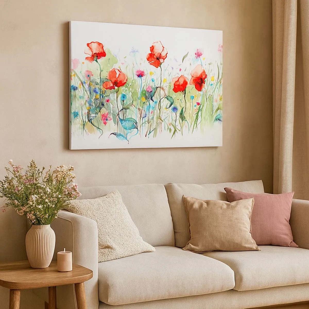 Canvastavla - Bild på duk - En äng med röda vallmo och färgglada blommor i akvarell - 70x50cm - Majblommande äng - Modern väggdekoration för vardagsrum och sovrum ARTTOR